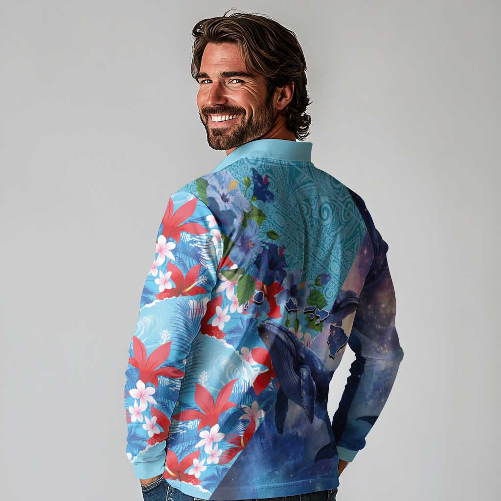 Hawaii Aloha Whales Long Sleeve Polo Shirt Hibiscus and Whales with Polynesian Pattern - Polynesian Pride