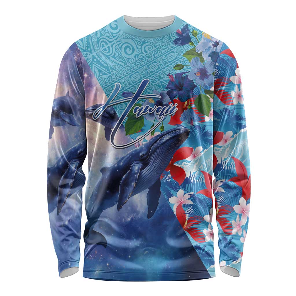 Hawaii Aloha Whales Long Sleeve Shirt Hibiscus and Whales with Polynesian Pattern LT03 Unisex Blue - Polynesian Pride