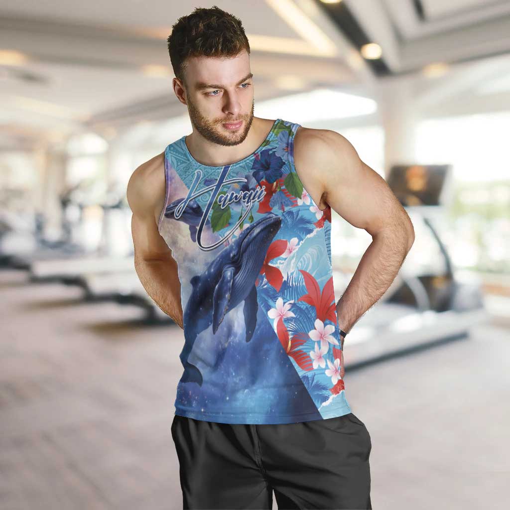 Hawaii Aloha Whales Men Tank Top Hibiscus and Whales with Polynesian Pattern LT03 Blue - Polynesian Pride