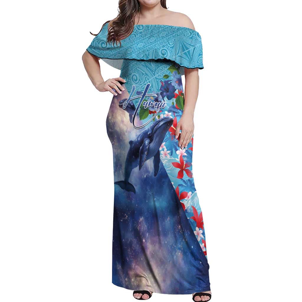 Hawaii Aloha Whales Off Shoulder Maxi Dress Hibiscus and Whales with Polynesian Pattern LT03 Women Blue - Polynesian Pride