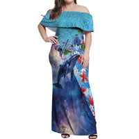 Hawaii Aloha Whales Off Shoulder Maxi Dress Hibiscus and Whales with Polynesian Pattern LT03 Women Blue - Polynesian Pride