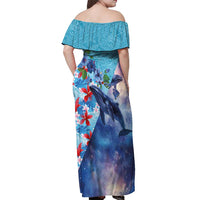Hawaii Aloha Whales Off Shoulder Maxi Dress Hibiscus and Whales with Polynesian Pattern LT03 - Polynesian Pride