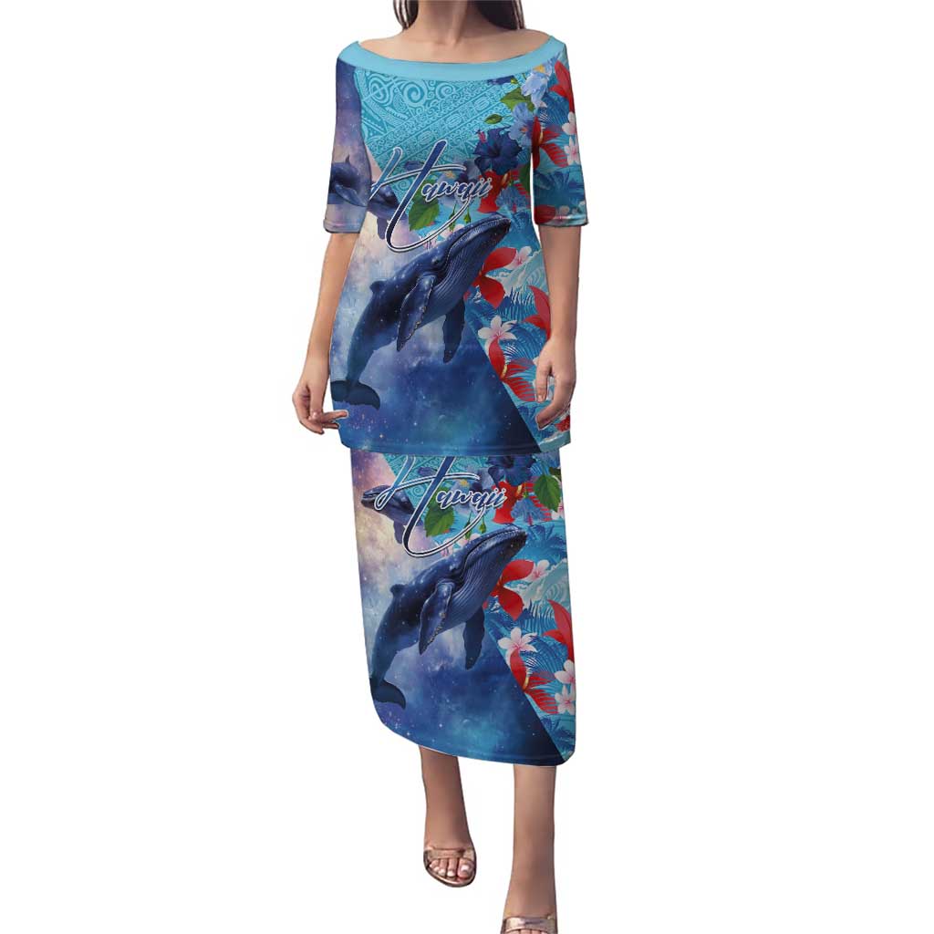 Hawaii Aloha Whales Puletasi Hibiscus and Whales with Polynesian Pattern LT03 Long Dress Blue - Polynesian Pride