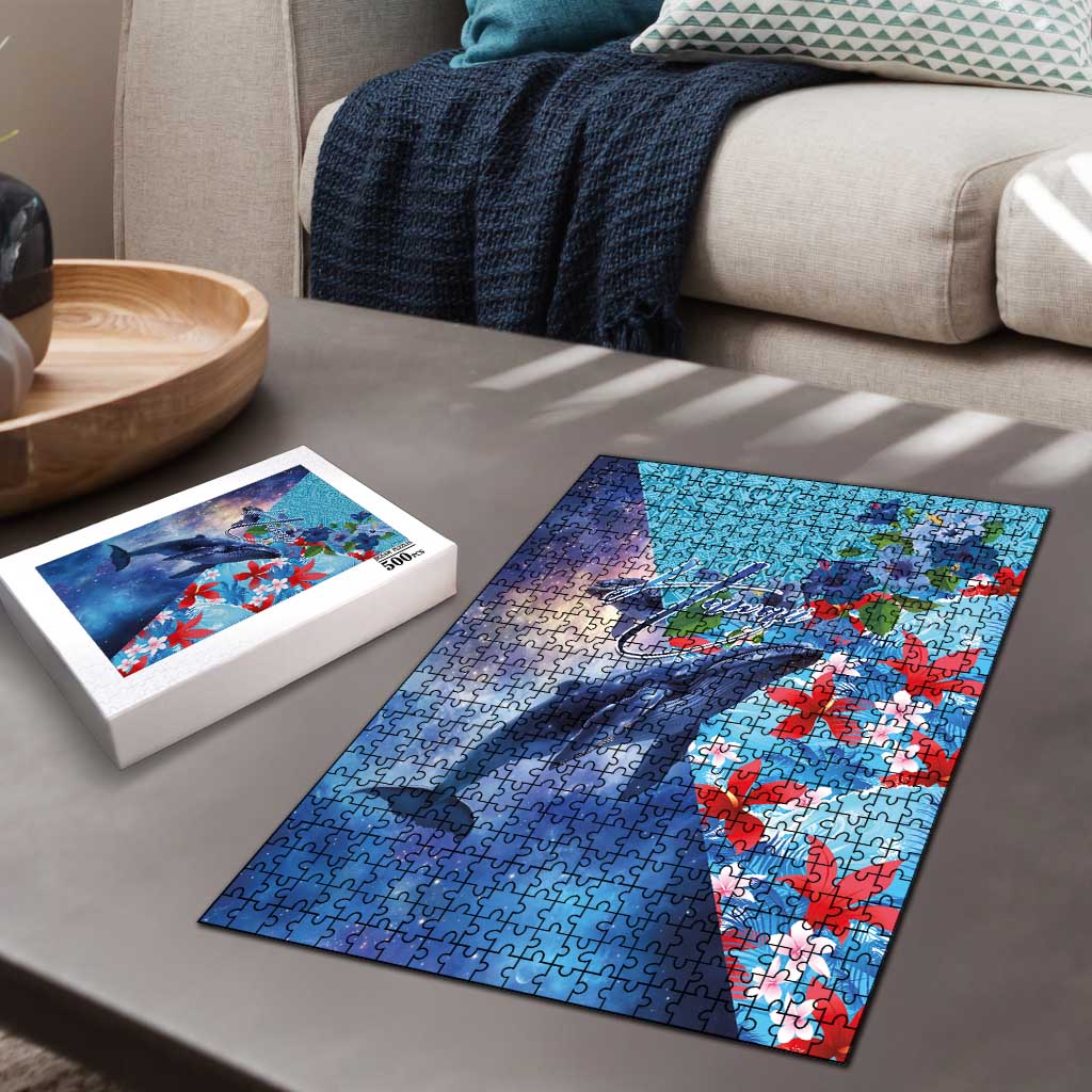 Hawaii Aloha Whales Puzzle Hibiscus and Whales with Polynesian Pattern - Polynesian Pride