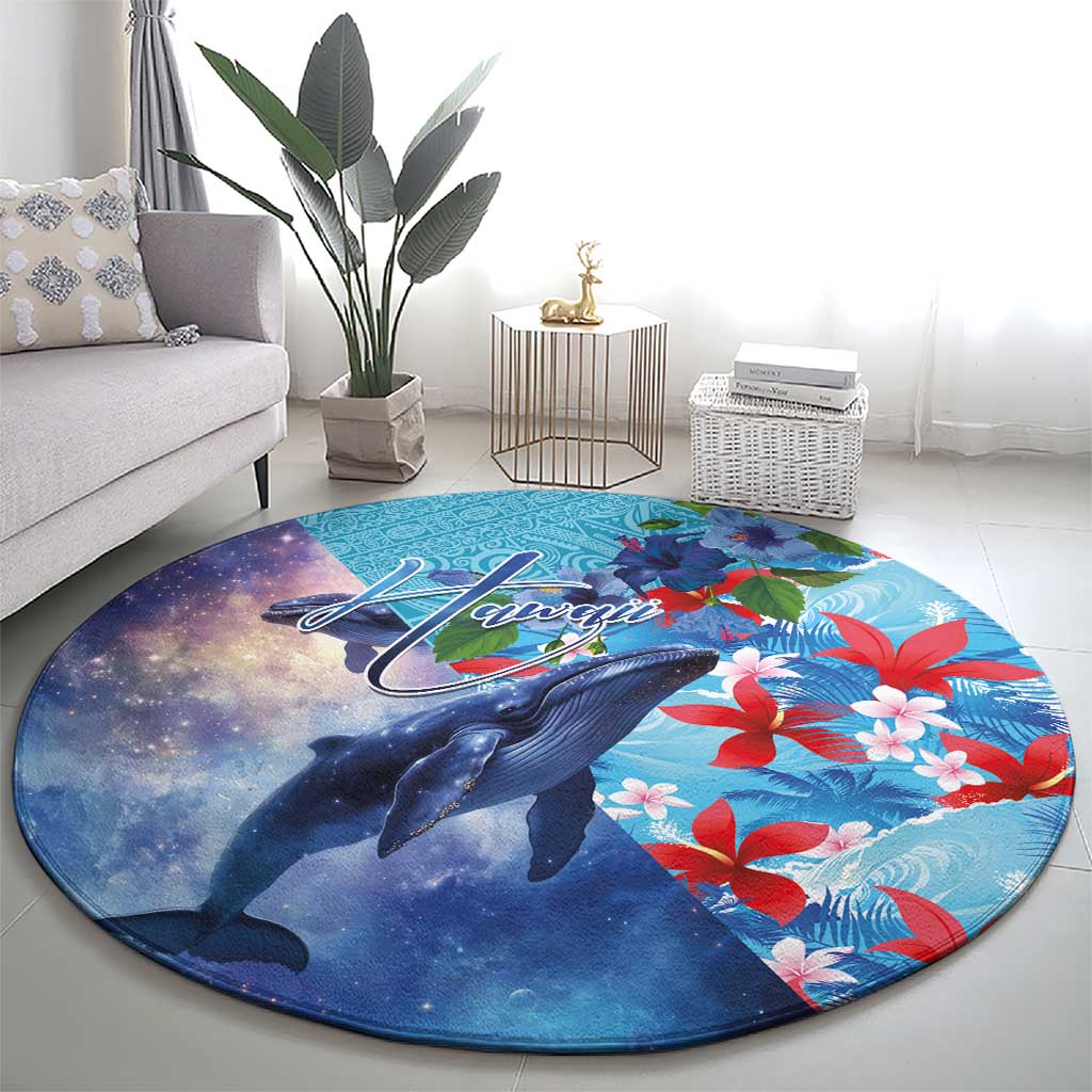 Hawaii Aloha Whales Round Carpet Hibiscus and Whales with Polynesian Pattern - Polynesian Pride