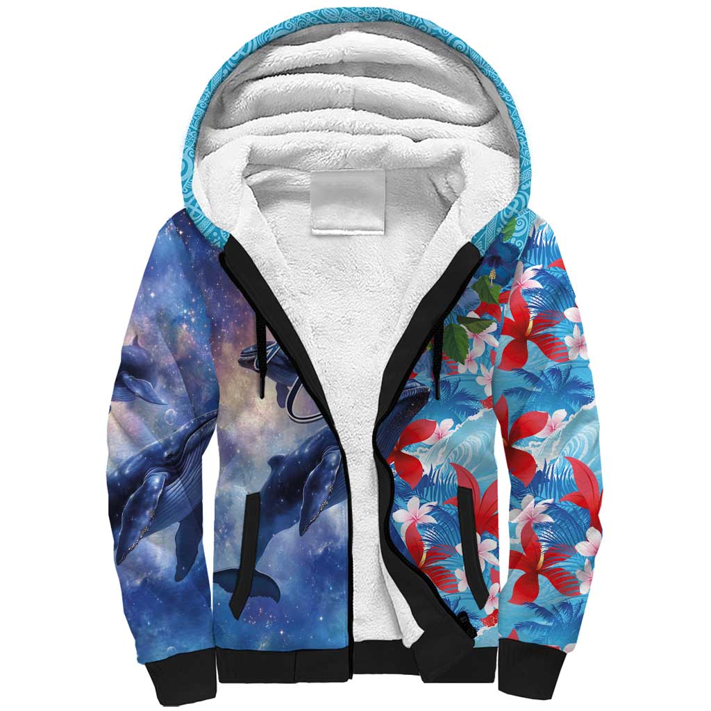 Hawaii Aloha Whales Sherpa Hoodie Hibiscus and Whales with Polynesian Pattern LT03 Unisex Blue - Polynesian Pride