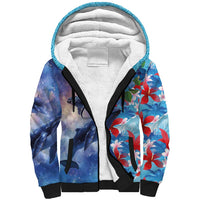 Hawaii Aloha Whales Sherpa Hoodie Hibiscus and Whales with Polynesian Pattern LT03 Unisex Blue - Polynesian Pride