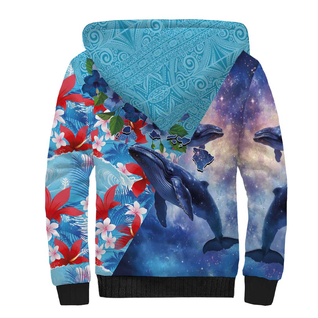 Hawaii Aloha Whales Sherpa Hoodie Hibiscus and Whales with Polynesian Pattern LT03 - Polynesian Pride