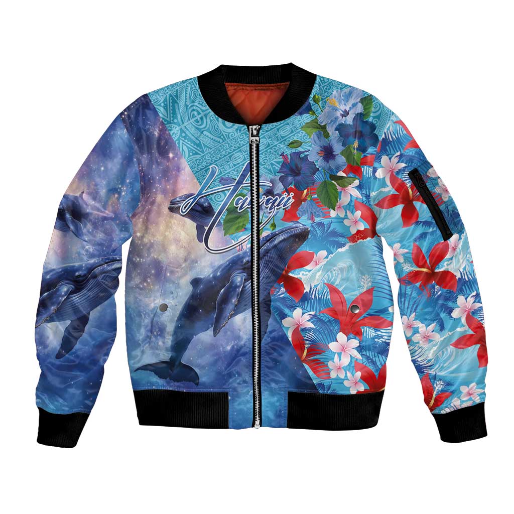 Hawaii Aloha Whales Sleeve Zip Bomber Jacket Hibiscus and Whales with Polynesian Pattern - Polynesian Pride