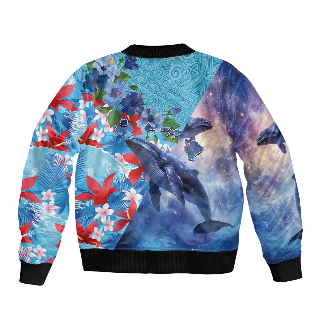 Hawaii Aloha Whales Sleeve Zip Bomber Jacket Hibiscus and Whales with Polynesian Pattern - Polynesian Pride