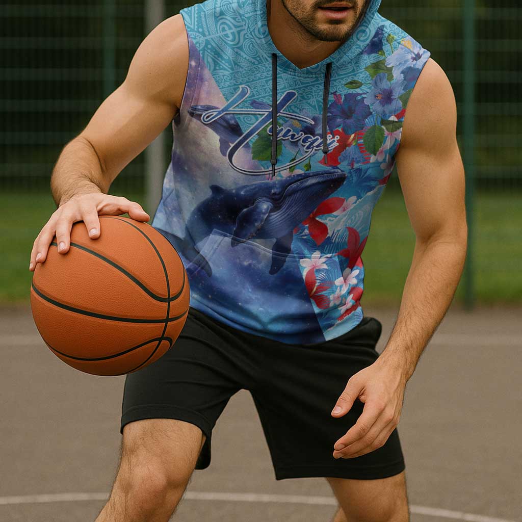 Hawaii Aloha Whales Sleeveless Hoodie Hibiscus and Whales with Polynesian Pattern - Polynesian Pride