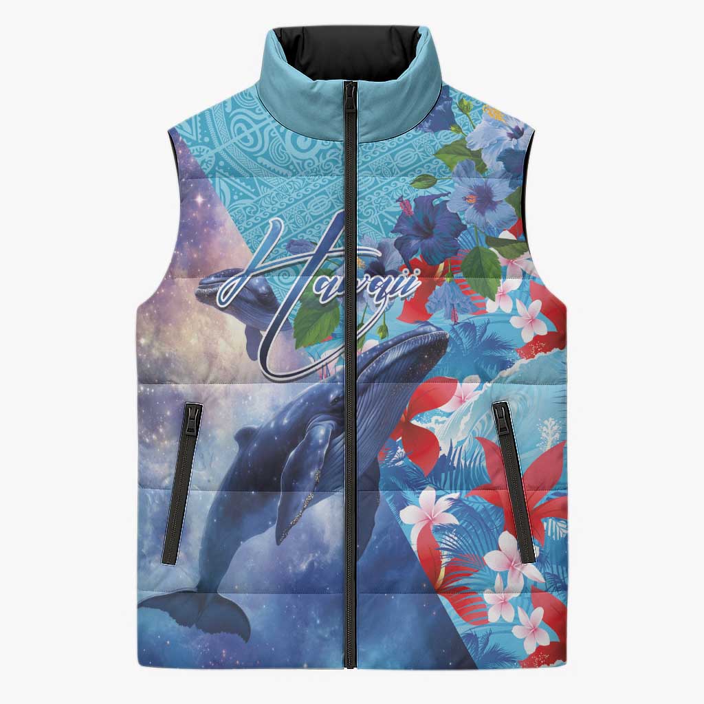 Hawaii Aloha Whales Sleeveless Puffer Jacket Hibiscus and Whales with Polynesian Pattern - Polynesian Pride