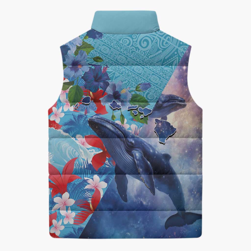 Hawaii Aloha Whales Sleeveless Puffer Jacket Hibiscus and Whales with Polynesian Pattern - Polynesian Pride