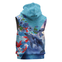 Hawaii Aloha Whales Sleeveless Zip Hoodie Hibiscus and Whales with Polynesian Pattern - Polynesian Pride