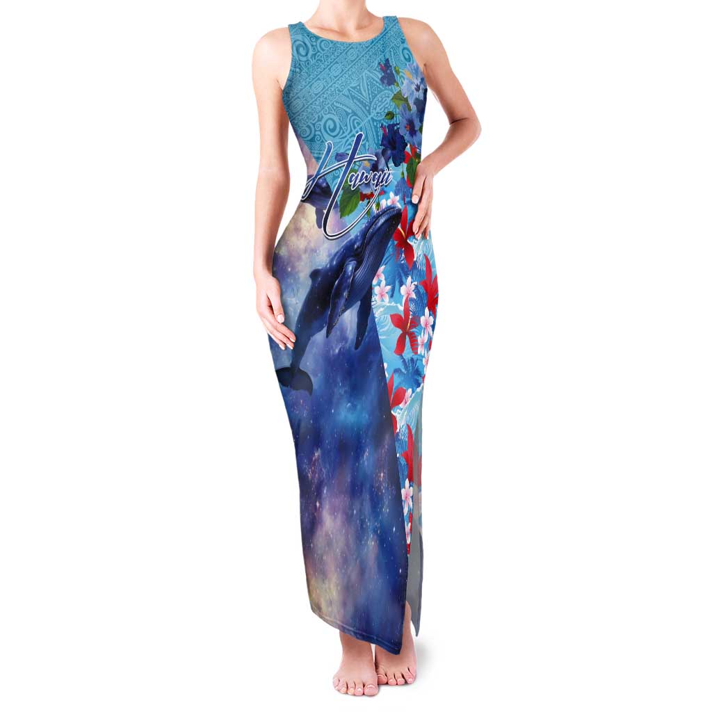 Hawaii Aloha Whales Tank Maxi Dress Hibiscus and Whales with Polynesian Pattern LT03 Women Blue - Polynesian Pride