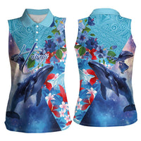 Hawaii Aloha Whales Women Sleeveless Polo Shirt Hibiscus and Whales with Polynesian Pattern LT03 - Polynesian Pride