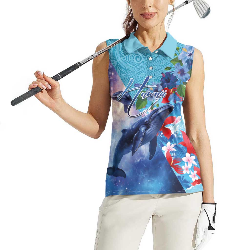 Hawaii Aloha Whales Women Sleeveless Polo Shirt Hibiscus and Whales with Polynesian Pattern LT03 - Polynesian Pride