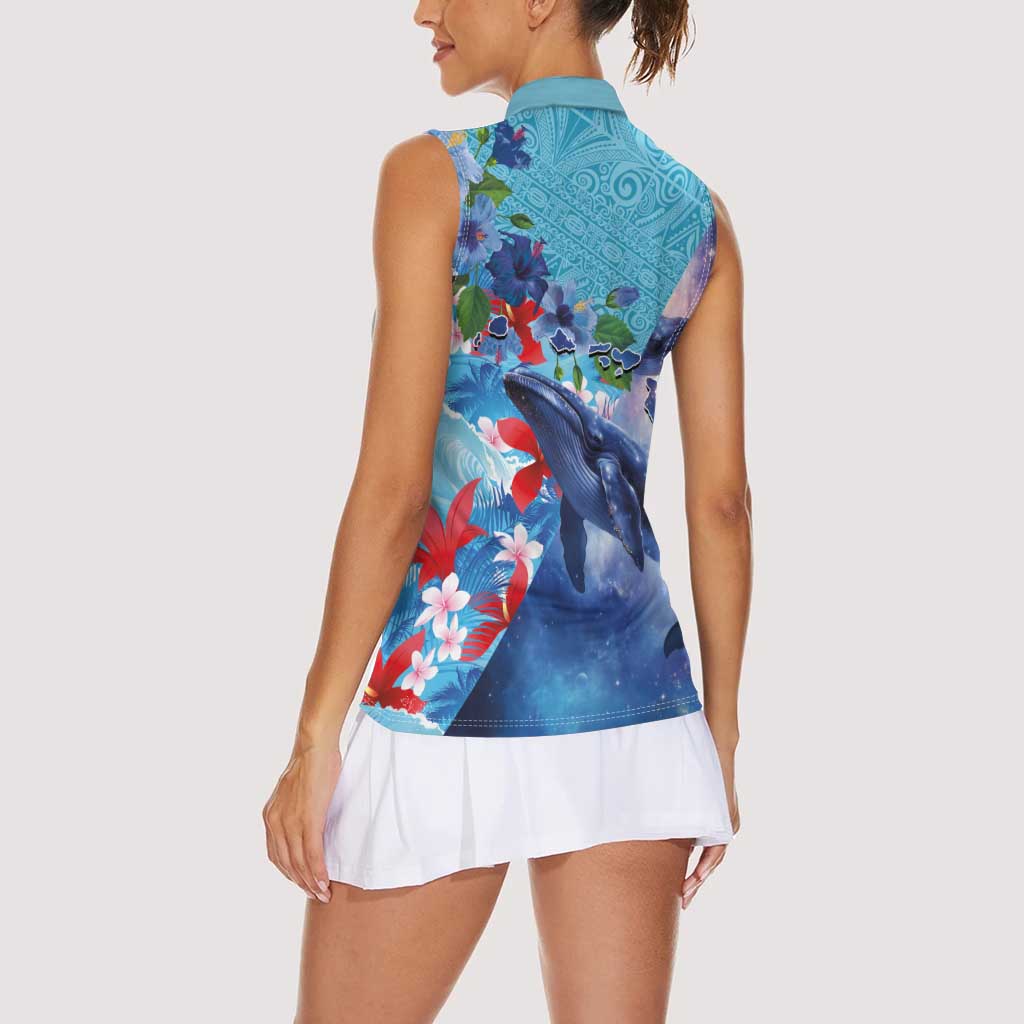 Hawaii Aloha Whales Women Sleeveless Polo Shirt Hibiscus and Whales with Polynesian Pattern LT03 - Polynesian Pride