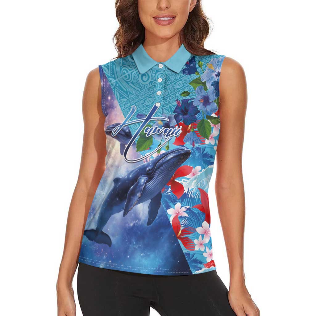 Hawaii Aloha Whales Women Sleeveless Polo Shirt Hibiscus and Whales with Polynesian Pattern LT03 - Polynesian Pride