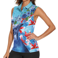 Hawaii Aloha Whales Women Sleeveless Polo Shirt Hibiscus and Whales with Polynesian Pattern LT03 - Polynesian Pride