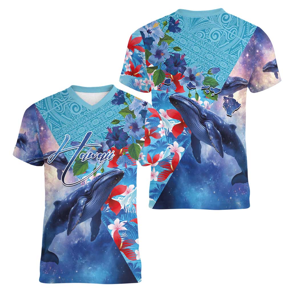 Hawaii Aloha Whales Women V-Neck T-Shirt Hibiscus and Whales with Polynesian Pattern - Polynesian Pride
