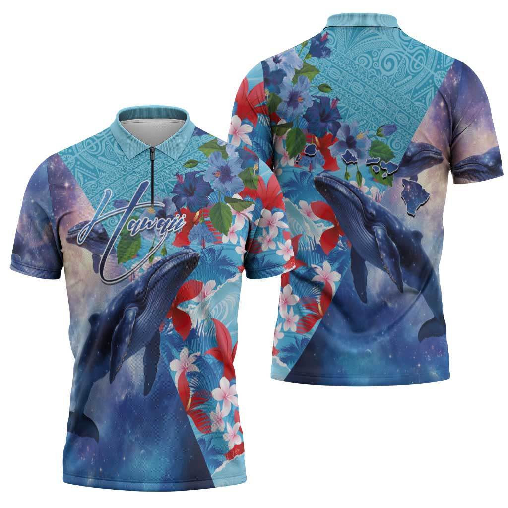 Hawaii Aloha Whales Zipper Polo Shirt Hibiscus and Whales with Polynesian Pattern - Polynesian Pride
