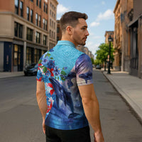 Hawaii Aloha Whales Zipper Polo Shirt Hibiscus and Whales with Polynesian Pattern - Polynesian Pride