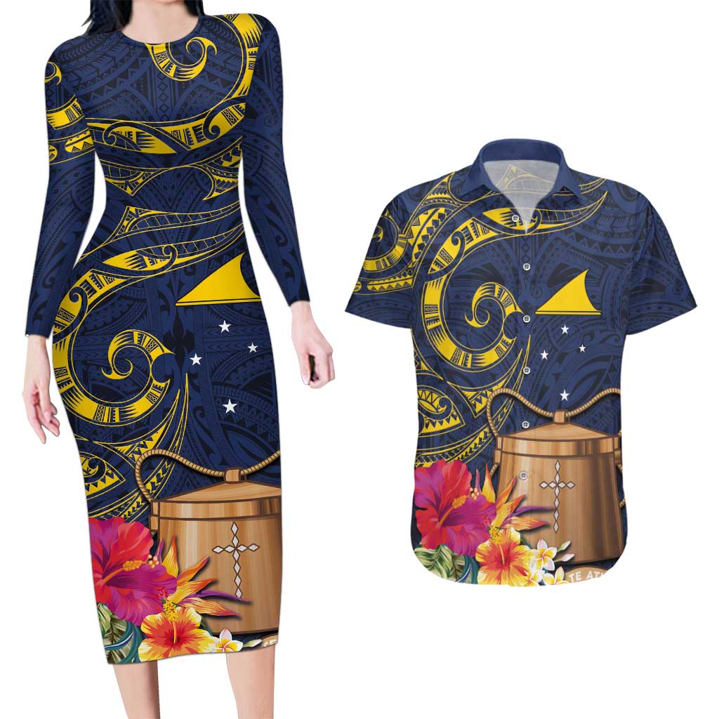 Tokelau Tokehega Day Couples Matching Long Sleeve Bodycon Dress and Hawaiian Shirt Coat of Arms with Polynesian Tattoo and Hibiscus