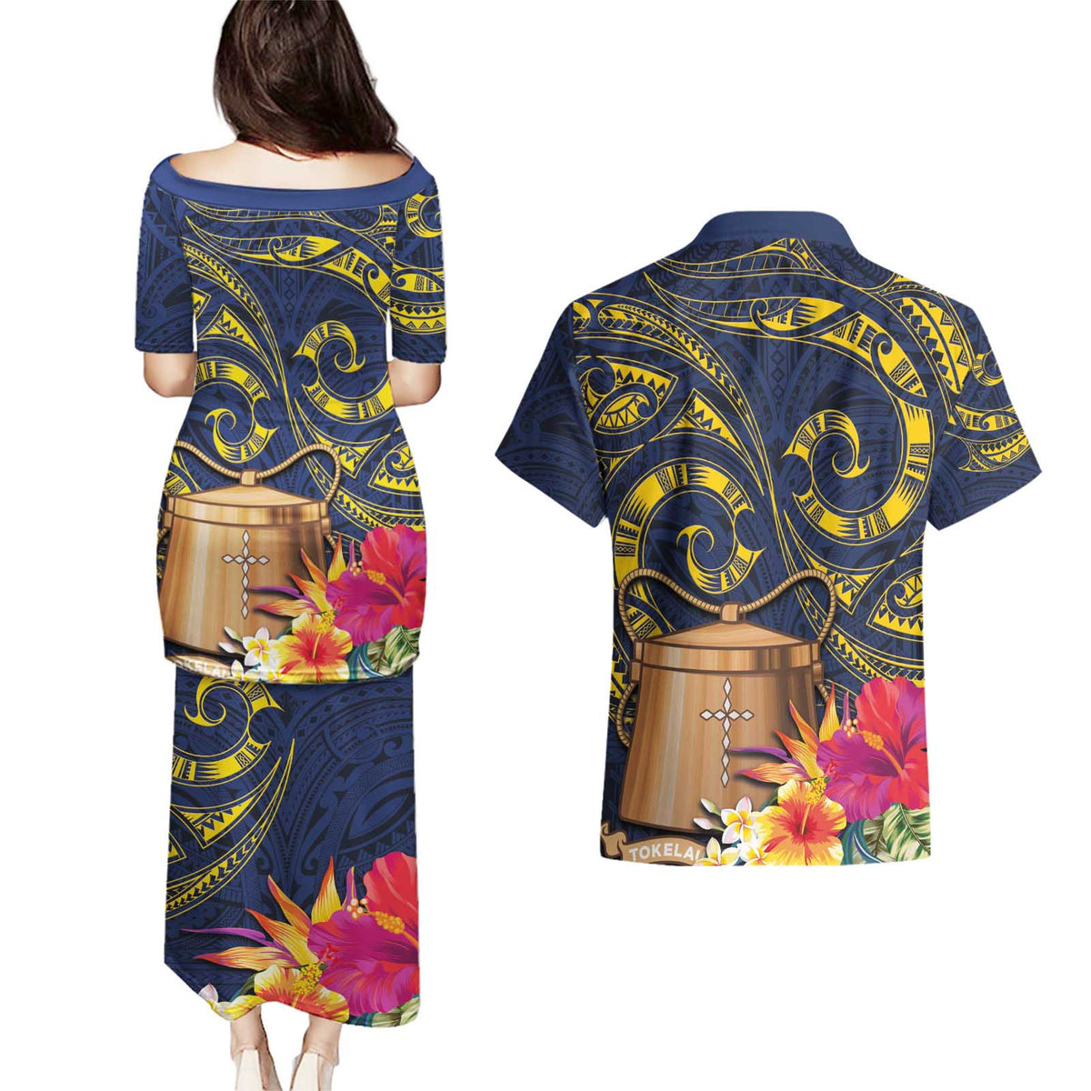 Tokelau Tokehega Day Couples Matching Puletasi and Hawaiian Shirt Coat of Arms with Polynesian Tattoo and Hibiscus