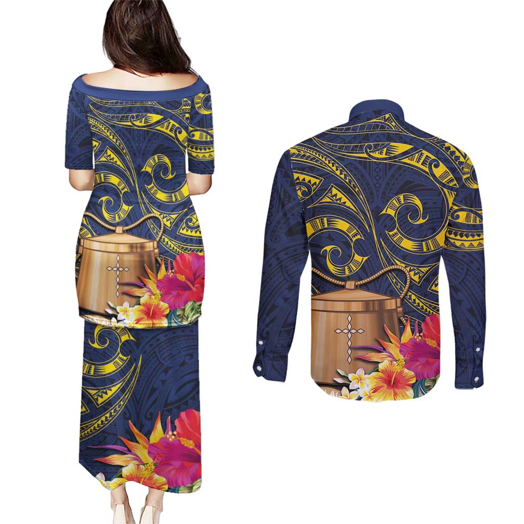 Tokelau Tokehega Day Couples Matching Puletasi and Long Sleeve Button Shirt Coat of Arms with Polynesian Tattoo and Hibiscus