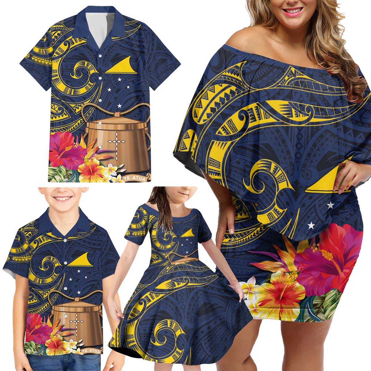 Tokelau Tokehega Day Family Matching Off Shoulder Short Dress and Hawaiian Shirt Coat of Arms with Polynesian Tattoo and Hibiscus