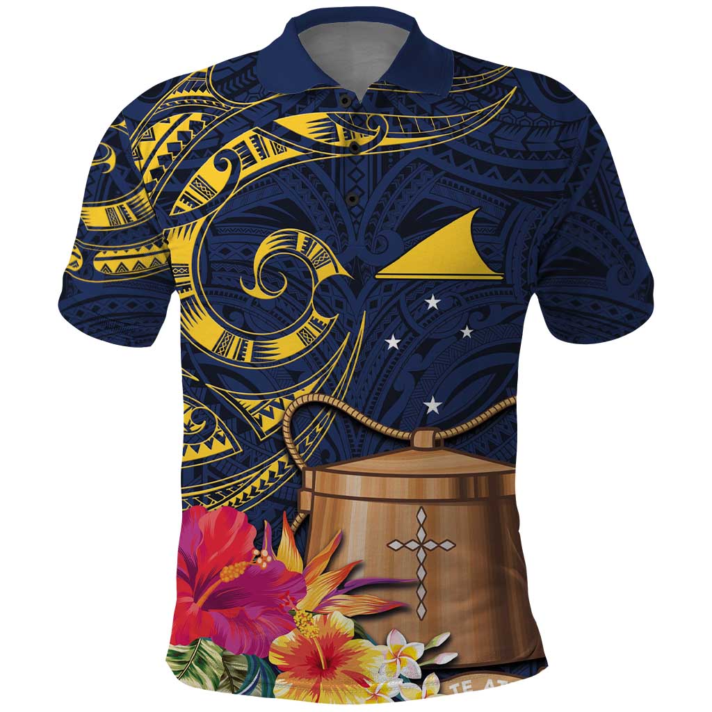 Tokelau Tokehega Day Polo Shirt Coat of Arms with Polynesian Tattoo and Hibiscus