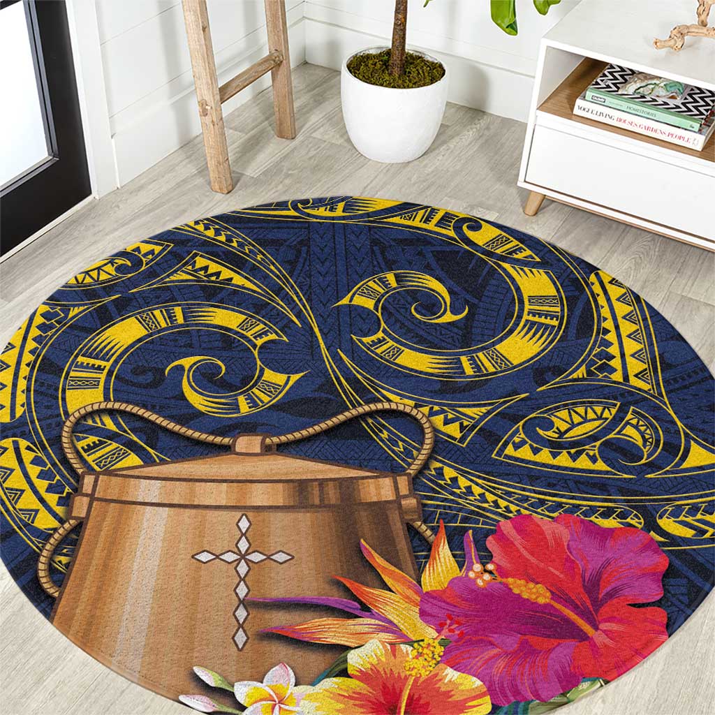 Tokelau Tokehega Day Round Carpet Coat of Arms with Polynesian Tattoo and Hibiscus