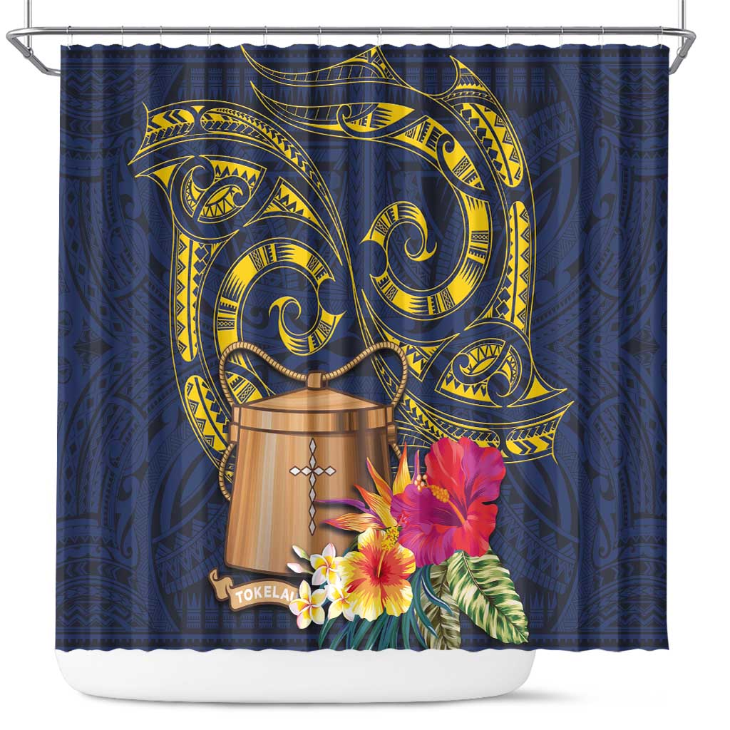 Tokelau Tokehega Day Shower Curtain Coat of Arms with Polynesian Tattoo and Hibiscus