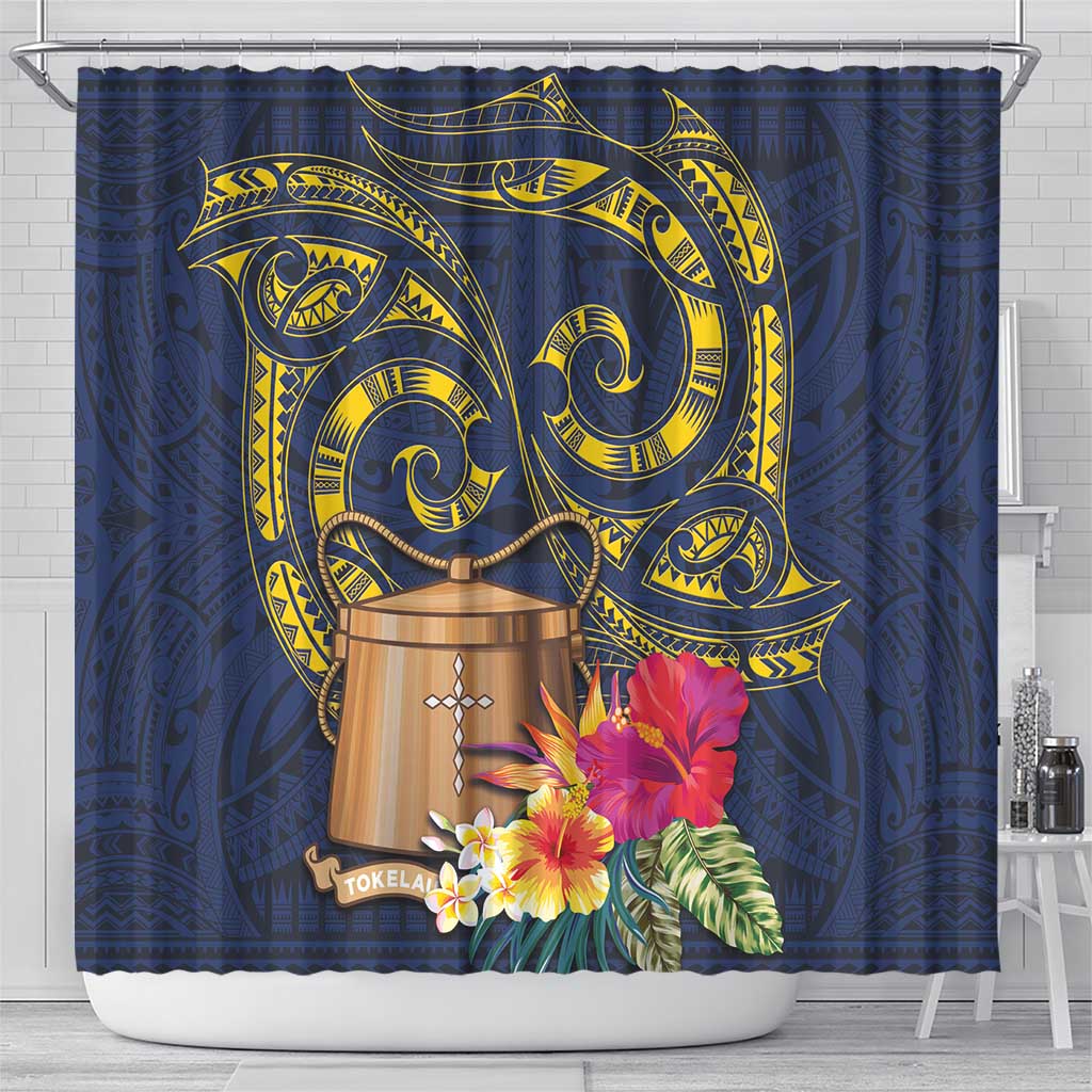 Tokelau Tokehega Day Shower Curtain Coat of Arms with Polynesian Tattoo and Hibiscus