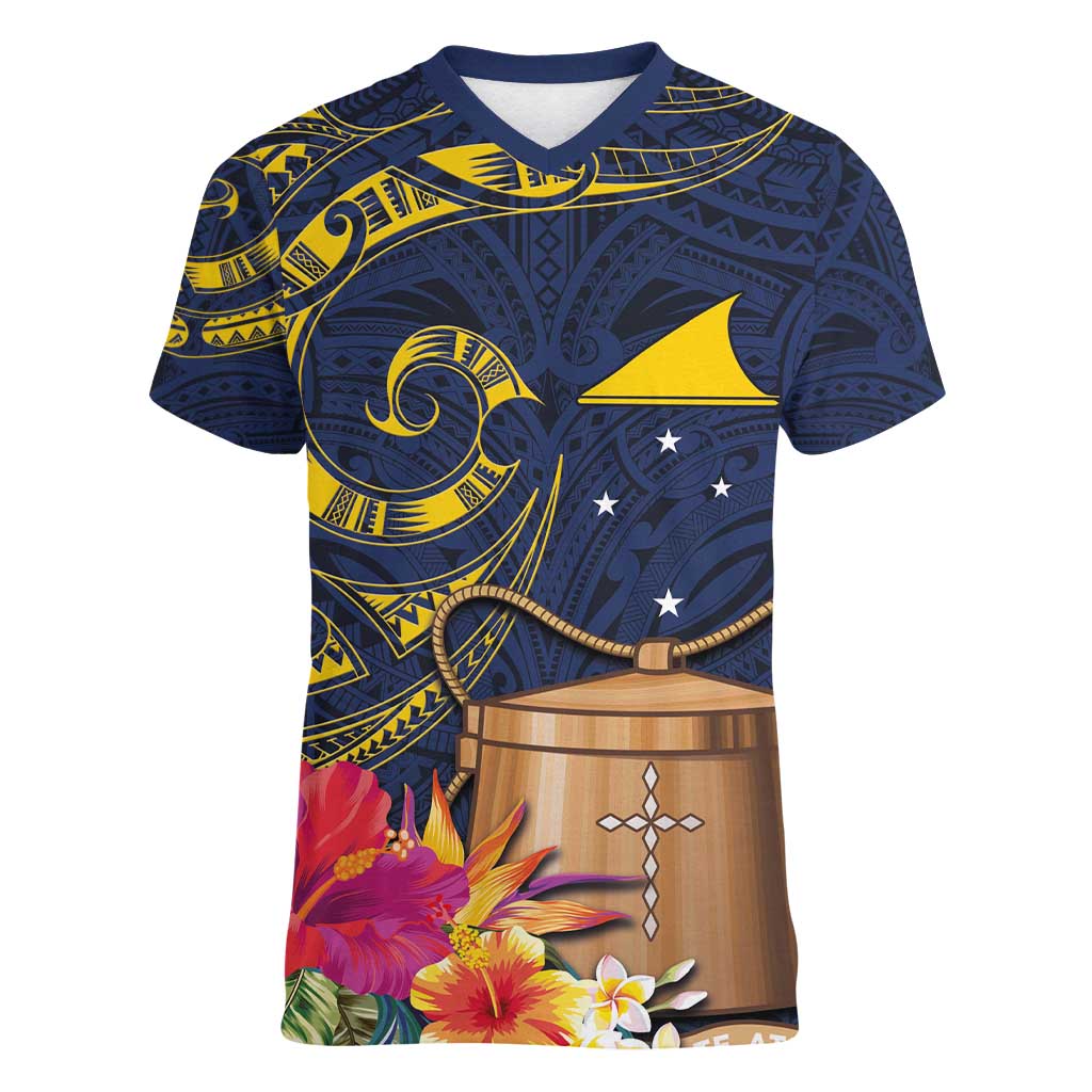 Tokelau Tokehega Day Women V-Neck T-Shirt Coat of Arms with Polynesian Tattoo and Hibiscus