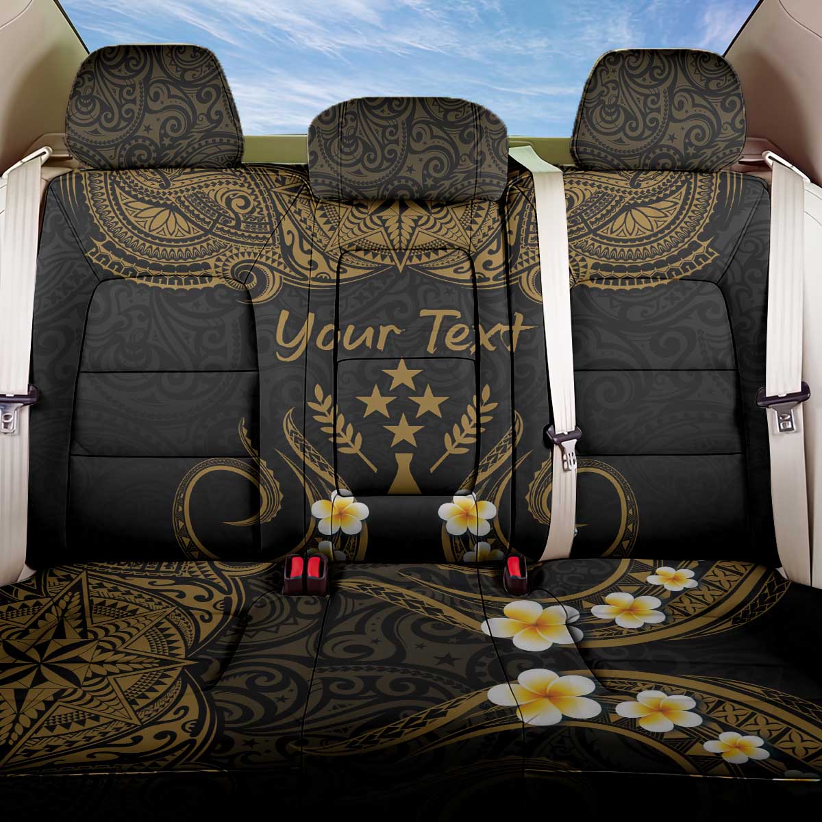 Personalised Kosrae Liberation Day Back Car Seat Cover Polynesian Tattoo and Plumeria Gold Color