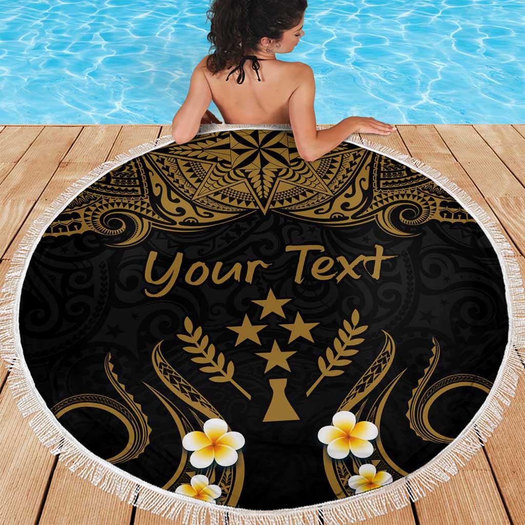 Personalised Kosrae Liberation Day Beach Blanket Polynesian Tattoo and Plumeria Gold Color