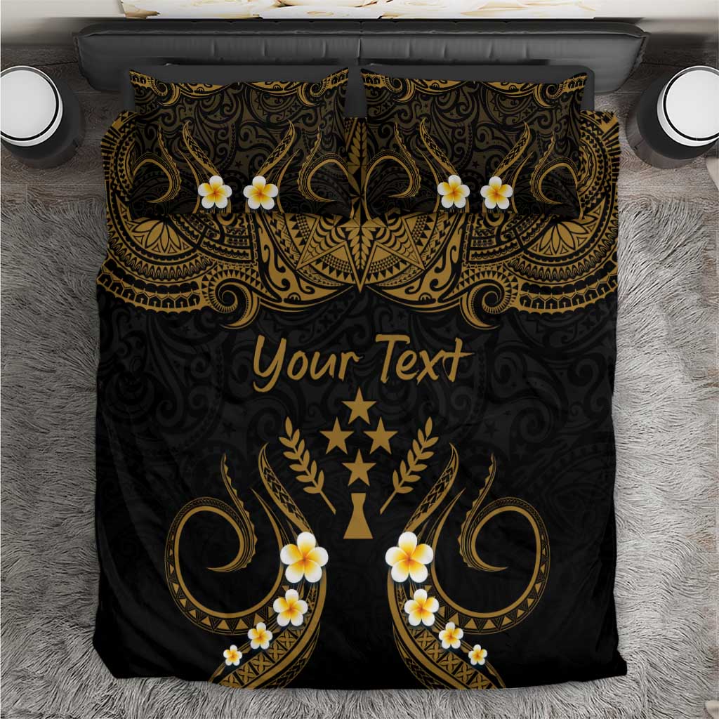 Personalised Kosrae Liberation Day Bedding Set Polynesian Tattoo and Plumeria Gold Color