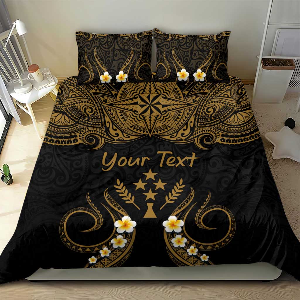 Personalised Kosrae Liberation Day Bedding Set Polynesian Tattoo and Plumeria Gold Color