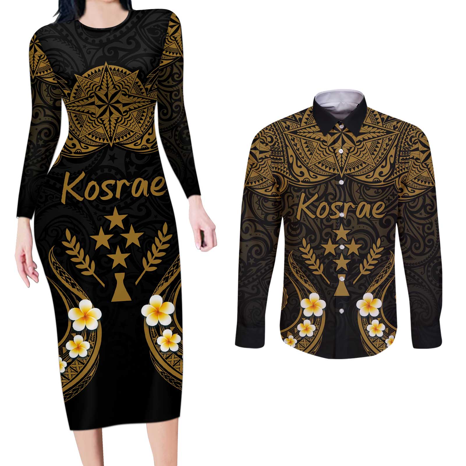 Personalised Kosrae Liberation Day Couples Matching Long Sleeve Bodycon Dress and Long Sleeve Button Shirt Polynesian Tattoo and Plumeria Gold Color