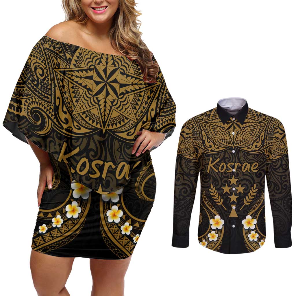 Personalised Kosrae Liberation Day Couples Matching Off Shoulder Short Dress and Long Sleeve Button Shirt Polynesian Tattoo and Plumeria Gold Color