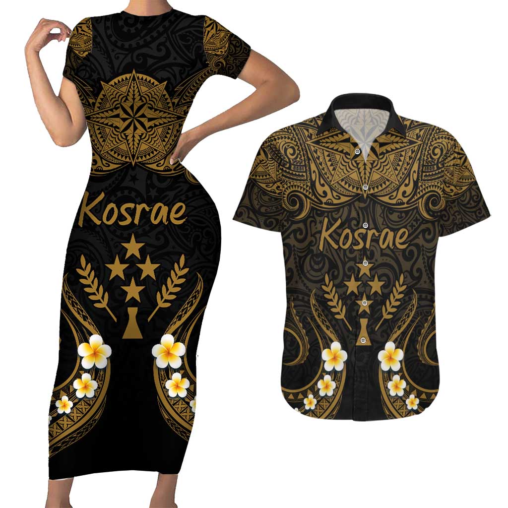 Personalised Kosrae Liberation Day Couples Matching Short Sleeve Bodycon Dress and Hawaiian Shirt Polynesian Tattoo and Plumeria Gold Color