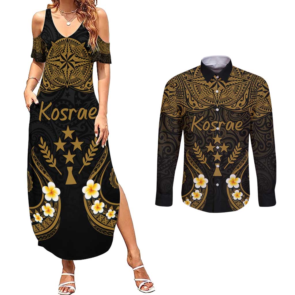 Personalised Kosrae Liberation Day Couples Matching Summer Maxi Dress and Long Sleeve Button Shirt Polynesian Tattoo and Plumeria Gold Color