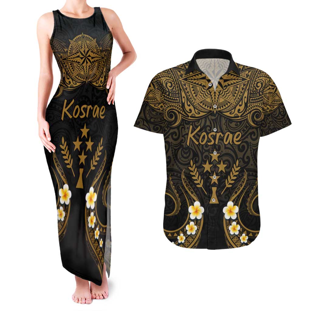 Personalised Kosrae Liberation Day Couples Matching Tank Maxi Dress and Hawaiian Shirt Polynesian Tattoo and Plumeria Gold Color