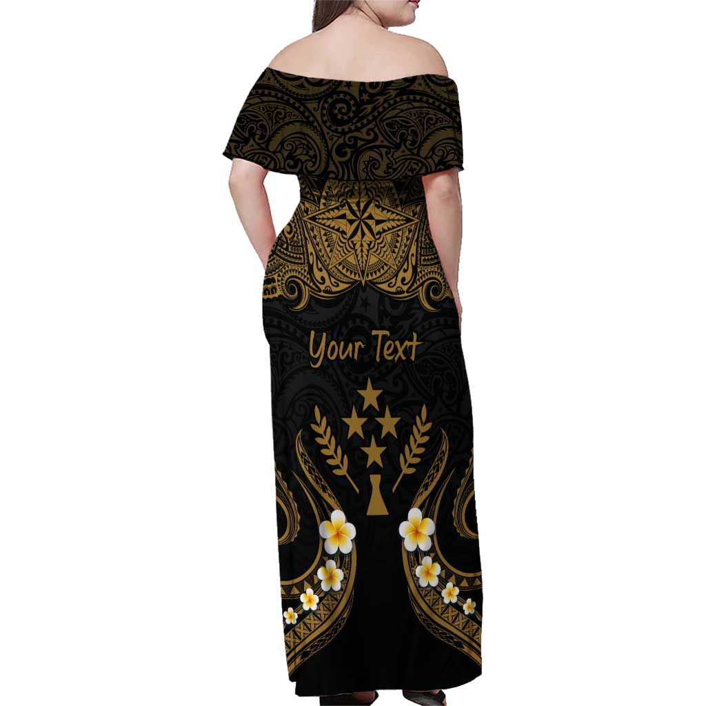 Personalised Kosrae Liberation Day Family Matching Off Shoulder Maxi Dress and Hawaiian Shirt Polynesian Tattoo and Plumeria Gold Color