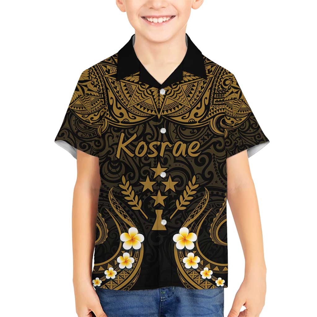 Personalised Kosrae Liberation Day Family Matching Off Shoulder Maxi Dress and Hawaiian Shirt Polynesian Tattoo and Plumeria Gold Color