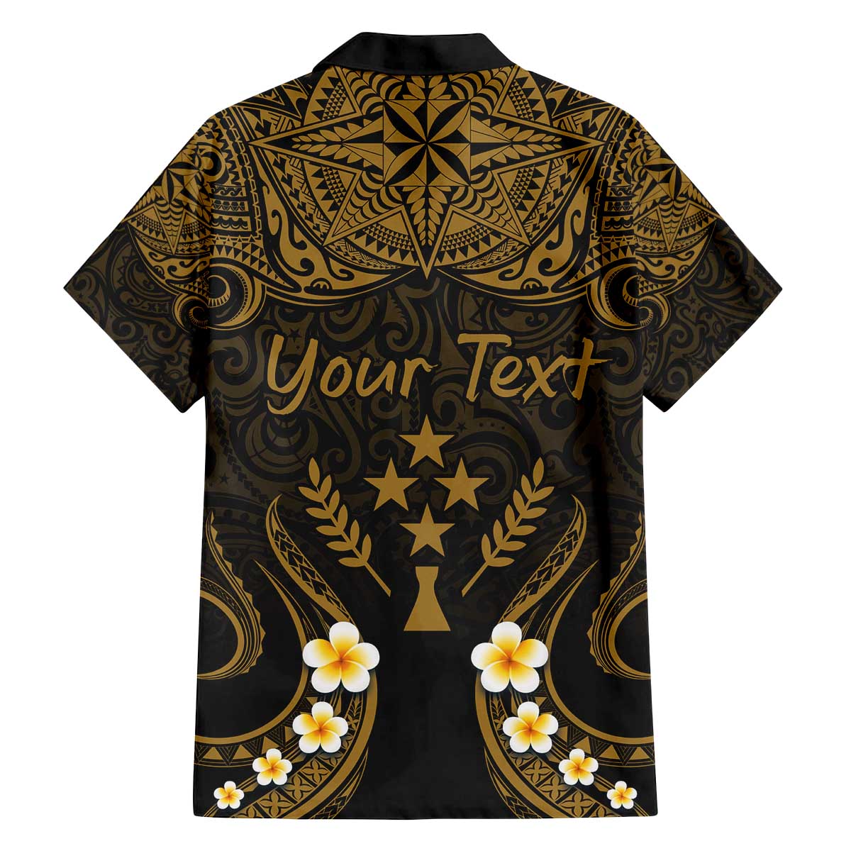 Personalised Kosrae Liberation Day Family Matching Off Shoulder Short Dress and Hawaiian Shirt Polynesian Tattoo and Plumeria Gold Color