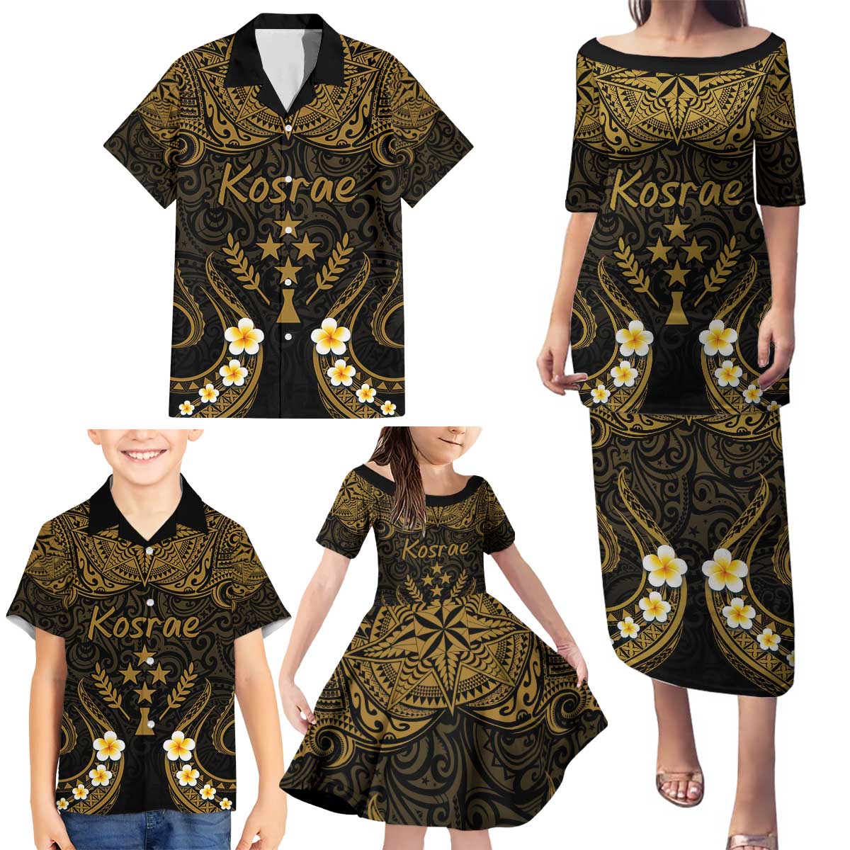 Personalised Kosrae Liberation Day Family Matching Puletasi and Hawaiian Shirt Polynesian Tattoo and Plumeria Gold Color