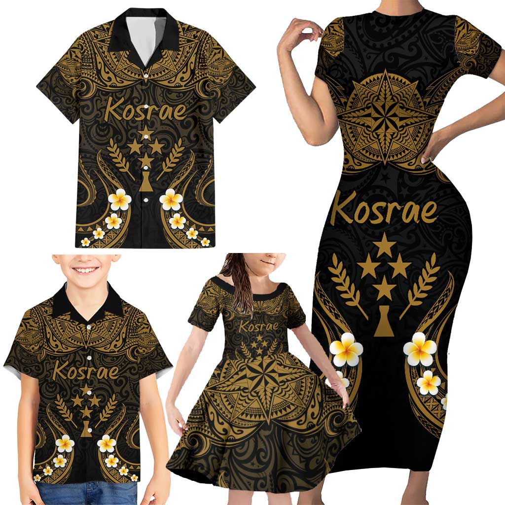 Personalised Kosrae Liberation Day Family Matching Short Sleeve Bodycon Dress and Hawaiian Shirt Polynesian Tattoo and Plumeria Gold Color